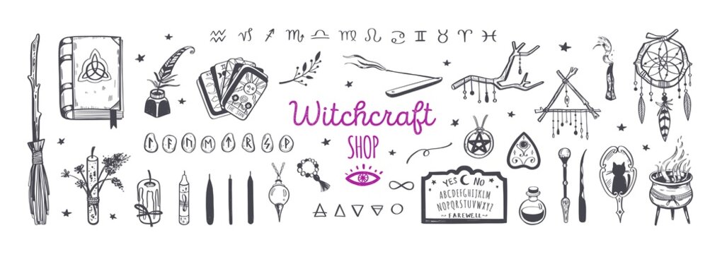 Witchcraft, magic shop for witches and wizards. Wicca and pagan tradition. Vector vintage collection. Hand drawn elements candles, book of shadows, potion, tarot cards etc.