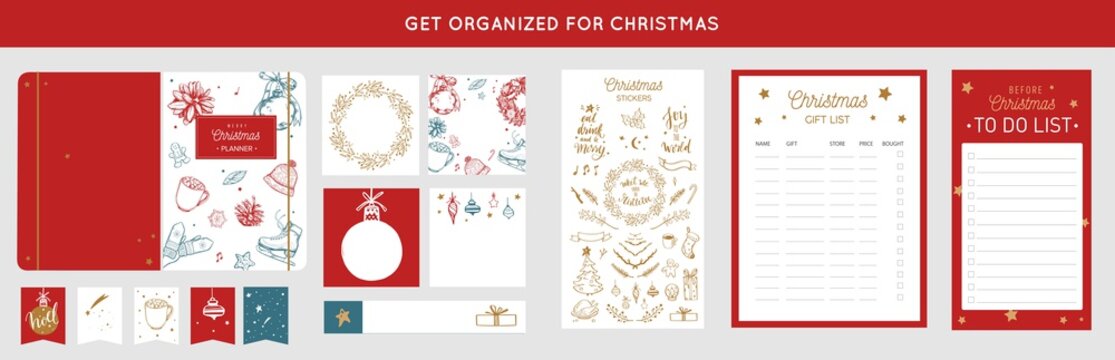 Merry Christmas organizer, planner, notepad, diary with vector hand drawn illustrations and handwritten calligraphy. Happy new year vintage elements. Get organized for ChristmasReady for print