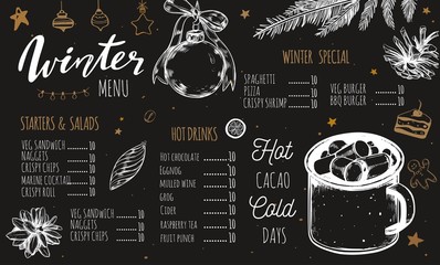 Winter special seasonal Vector menu template, brochure. Merry Christmas and Happy new year hand drawn illustrations, Lettering and calligraphy. Hot drinks and cacao vintage elements