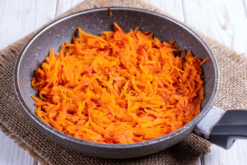 Grated pumpkin in a pan