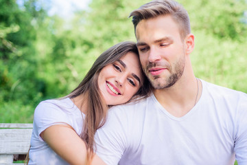 Fototapeta premium Sexual attraction. Couple in love. Trust and intimacy. Sensual hug. Love romance concept. Romantic date. Handsome man pretty girl in love. Attractive couple. Relaxing with darling. Lovers cuddling