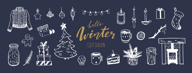 Hello Winter and Merry Christmas vector hand drawn set. New year holiday congratulation. Cozy vintage styled collection. Fireplace, christmas tree, decorations and other festive attributes
