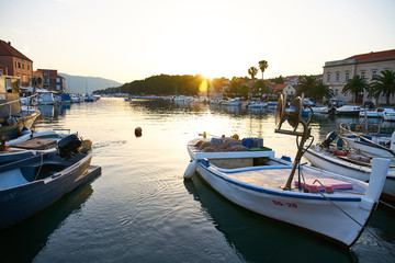 Fototapeta premium Stari Grad, Hvar/Croatia - June 2019: Small boats at Stari Grad marina and harbour 