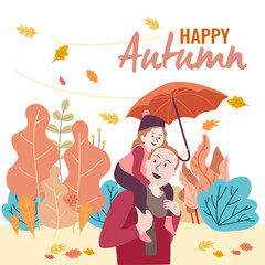 The father and little girl walking on autumn background, background concept with flat vector design illustrations.