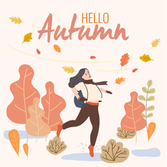 A girl jumping on autumn background, background concept with flat vector design illustrations.