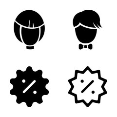 User icon and discount icon. Special offer, business theme. Set of vector icons for online shop, isolated on the white background. Black-white illustrations of male and female avatar. Sale badge.