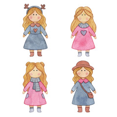 Original watercolor doll. Picture with cartoon girls. Nice illustration for for book, stickers,logo, business card or postcard.