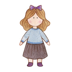 Original watercolor doll. Picture with cartoon girls. Nice illustration for for book, stickers,logo, business card or postcard.