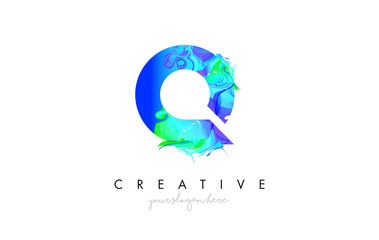 Q Letter Icon Design Logo With Creative Artistic Ink Painting Flow in Blue Green Colors