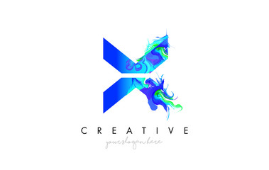 X Letter Icon Design Logo With Creative Artistic Ink Painting Flow in Blue Green Colors