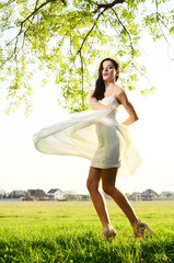 Young Beautiful Cute Girl Fashionable Dress Forest Outdoors Fashion Concept