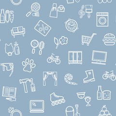 Shops, seamless pattern, monochrome, contour, blue, vector. Different product categories. A subtle, linear pattern. White icons on a blue field.  