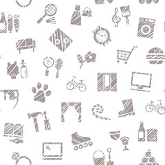 Shops, seamless pattern, monochrome, hatching, white, vector. Different product categories. Imitation of pencil hatching.   