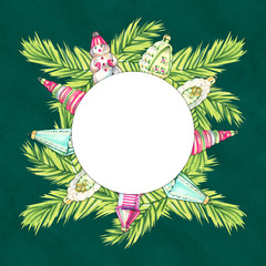 Naklejka premium New Year's drawing illustration, tree. Marker sketch illustration on green background. New Year's Vintage toys.