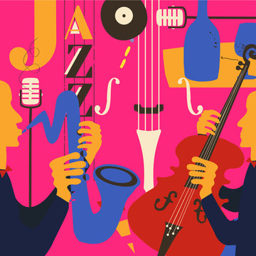 Jazz music festival poster with violoncello, saxophone and microphone flat vector illustration design. Colorful music background, music show, live concert events, party flyer, jazz music poster