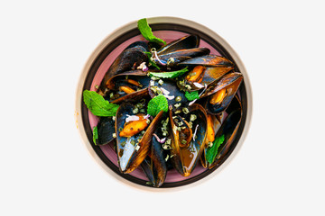 Fototapeta premium Italian Steamed Mussels cooked in Provencale style