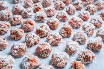 Close-up of fresh handmade meatballs before being put in the oven