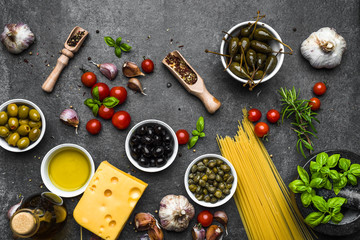 Mediterranean diet background. Ingredients for italian food, flat lay, top view