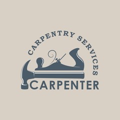 Color illustration of a carpenter service logo. Vector illustration of a planer, hammer and text. Workshop of service and repair of wooden products - obrazy, fototapety, plakaty