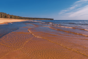 The shore of Lake Ladoga. Coastline and waves near the beach. Summer landscape.