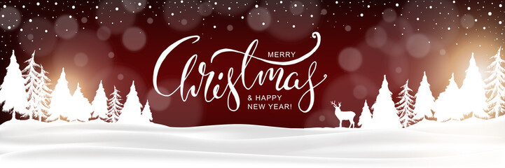 Christmas Banner. Holiday Lettering on Winter Landscape Background with Coniferous Forest and Deer.  © turcanlena