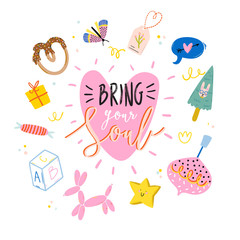 Cute scandinavian poster set including trendy quotes and cool decorative hand drawn elements. Cartoon doodle style illustration for patches, stickers, T-shirt, nursery, kids characters design. Vector.