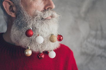 Cropped profile side photo of masculine brutal old man look gorgeous on christmas party hang x-mas red gold baubles beard wear modern pullover isolated over grey color background