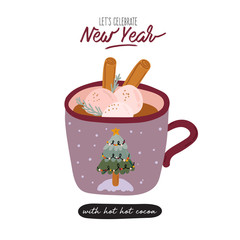 Tasty holiday hot drink in cartoon style. Hand drawn cute Merry Christmas illustration with new year typography wish. Vector isolated. Cozy winter mood. Hygge cocoa, tea, coffee, cuppuccino.