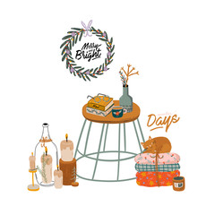 Scandinavian interior with home decorations - wreath, cat, plaid, gift, candles, table. Cozy Winter holiday season. Cute illustration and Christmas typography in Hygge style. Vector. Isolated.