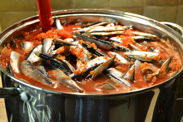 Preparation of russian conserved salade: little fish in tomato sauce, in metal pan.