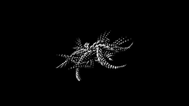 Abstract silver small circles gathered into the strange moving figure with tentacles. Animation. 3D shape resembling an octopus isolated on black background, seamless loop.