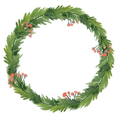 Green christmas wreath with decorations isolated on white background.