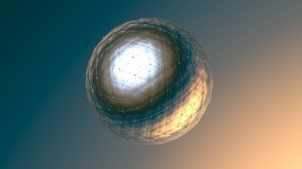 Abstract bright metallic sphere in polygonal glass on light gradient background. 3D render