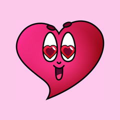 Red heart with face and big eyes with hearts instead of pupils and smile with open mouth. Love symbol for saint valentines day or card print. Vector Illustration on pink flat background