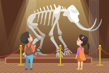 School education and excursions vector, boy and girl looking at skeleton of prehistoric creature remains. Exhibition in museum, history lessons, back to school concept. Flat cartoon