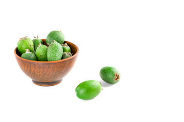 Juicy and ripe feijoa isolated on a white background. Healthy autumn fruit.