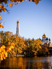 Nikolo-Ugreshsky Monastery, Dzerzhinsky, Moscow Region. St. Nicholas Ugreshsky monastery in autumn leaves.