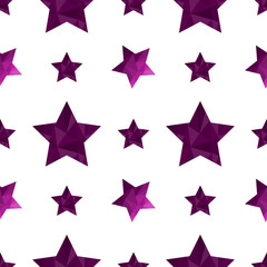 Elegant seamless pattern with pink and purple polygonal stars n the white background. Modern ornament for cards, invitations, scrapbook, wrapping paper, packets, diapers, pajamas. Vector illustration