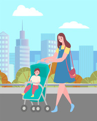 Mother and son, woman walking with baby in pram or carriage on city street vector. Mom with kid and skyscrapers behind, towers and downtown, cityscape
