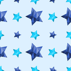 Cute seamless pattern with baby blue polygonal stars. Childish ornament for cards, invitations, scrapbook, wrapping paper, packets, fabric, diapers, pajamas