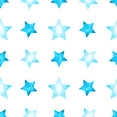 Light seamless pattern with ice blue polygonal stars. Modern childish ornament for cards, invitations, scrapbook, wrapping paper, packets, fabric, diapers, pajamas. Vector illustration
