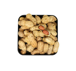 Pile peanuts in a black box isolated on white background. Top view
