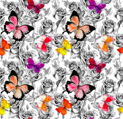 Fototapeta na wymiar Ditsy rose flowers, butterflies. Water color. Seamless background in black and white colors