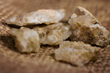 Five shards of rock with growing natural quartz crystals