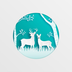 Paper art made deer couple in the forest on blue background. Digital craft paper cut style.