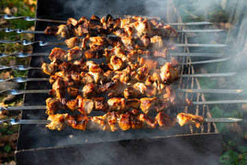  kebab meat is grilled on the street in a village courtyard. meat on fire