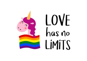 Love has no limits with pretty happy unicorn and lgbt community  flag. Pride Month. Love, freedom, support, peace symbol