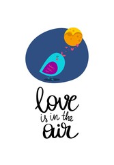 Love is in tha air with colorful singing bird and moon. Happy St. Valentine`s Day flat vector greeting card