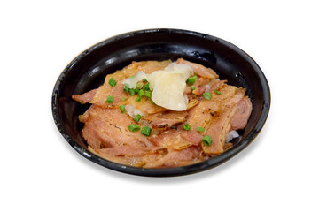 Grilled Pork Rice Bowl, top view focus selective.