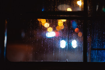 raindrops on glass against the background of the night city